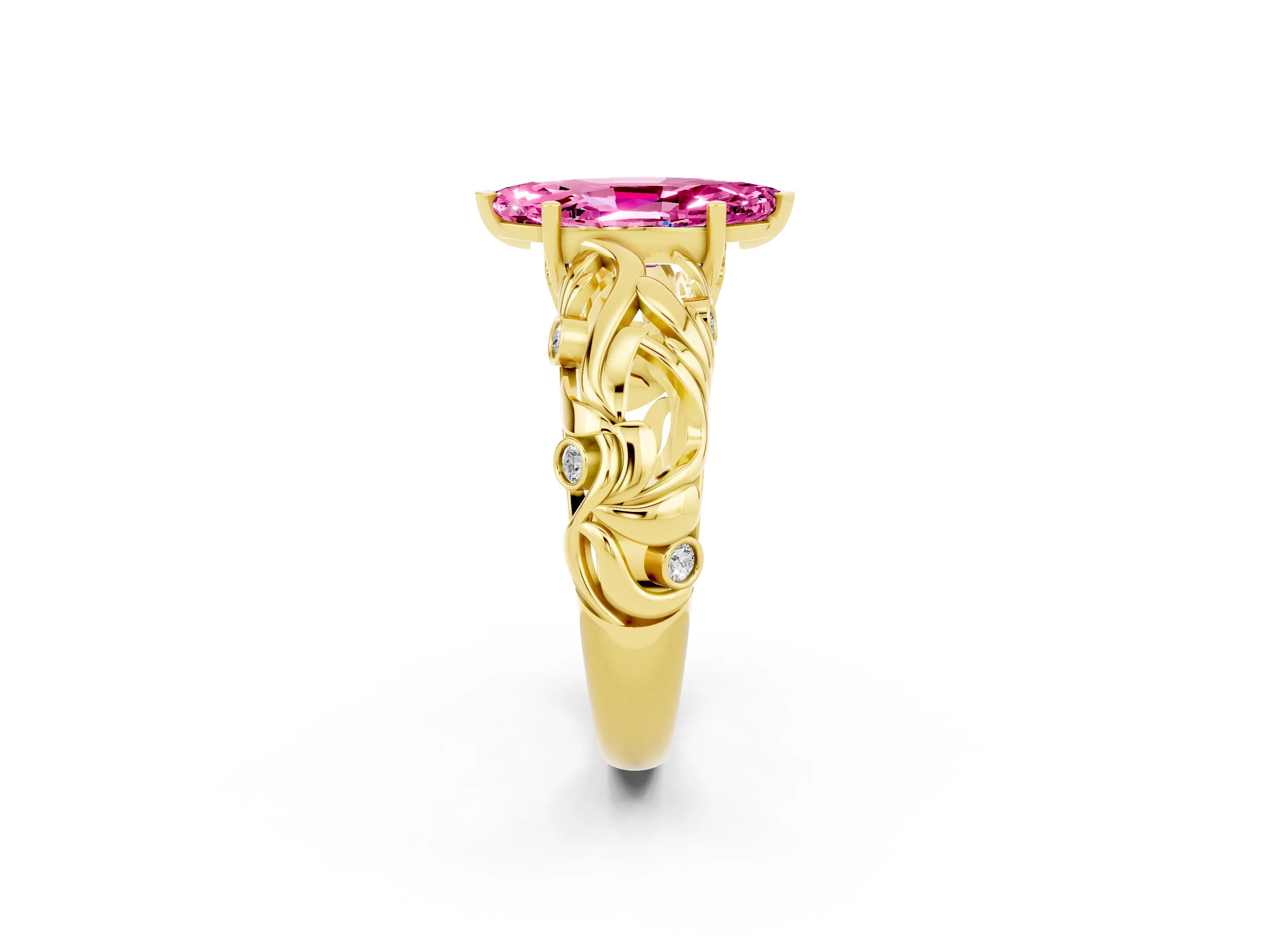 Yellow gold Marquise Cut Solitaire Pink Sapphire Leaf-Inspired Vine Band Ring with Prong Setting_26