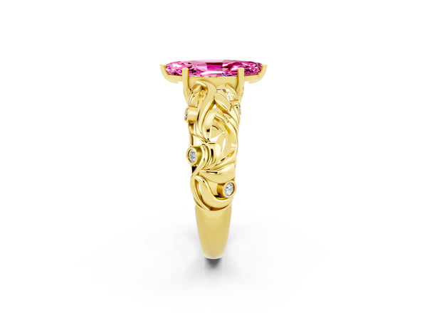 Yellow gold Marquise Cut Solitaire Pink Sapphire Leaf-Inspired Vine Band Ring with Prong Setting