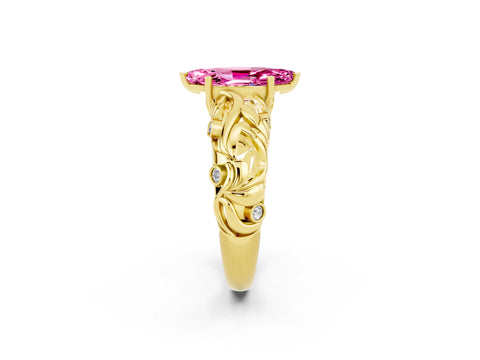 Yellow gold Marquise Cut Solitaire Pink Sapphire Leaf-Inspired Vine Band Ring with Prong Setting_26