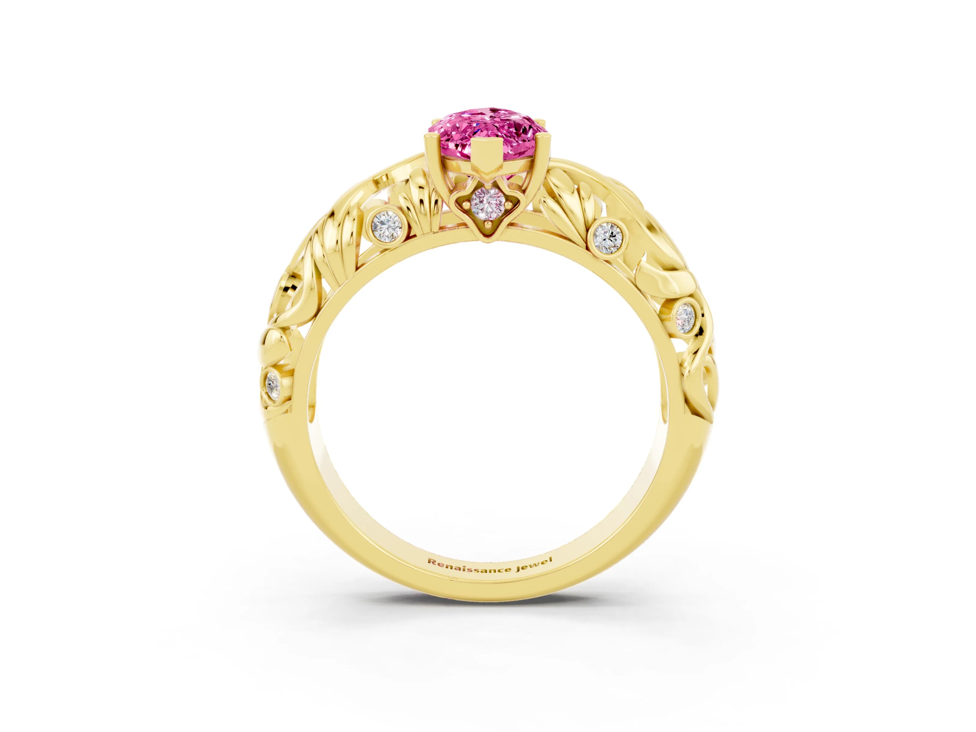 Yellow gold Marquise Cut Solitaire Pink Sapphire Leaf-Inspired Vine Band Ring with Prong Setting_27
