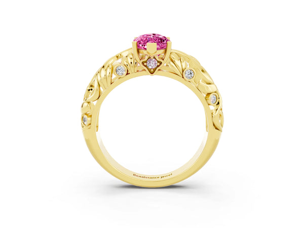 Yellow gold Marquise Cut Solitaire Pink Sapphire Leaf-Inspired Vine Band Ring with Prong Setting