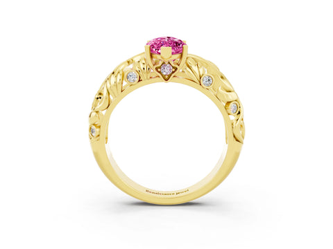 Yellow gold Marquise Cut Solitaire Pink Sapphire Leaf-Inspired Vine Band Ring with Prong Setting_27