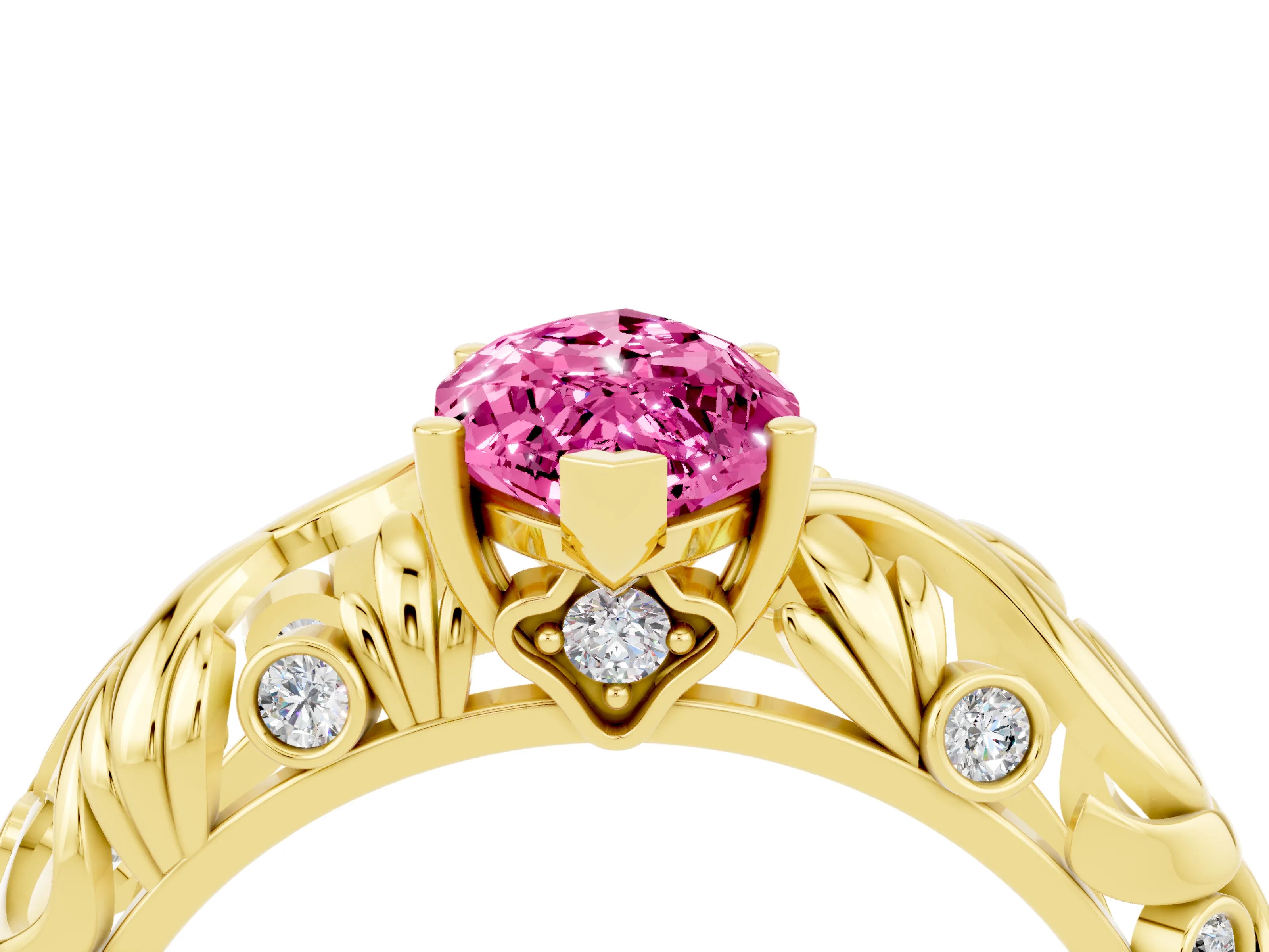 Yellow gold Marquise Cut Solitaire Pink Sapphire Leaf-Inspired Vine Band Ring with Prong Setting_28
