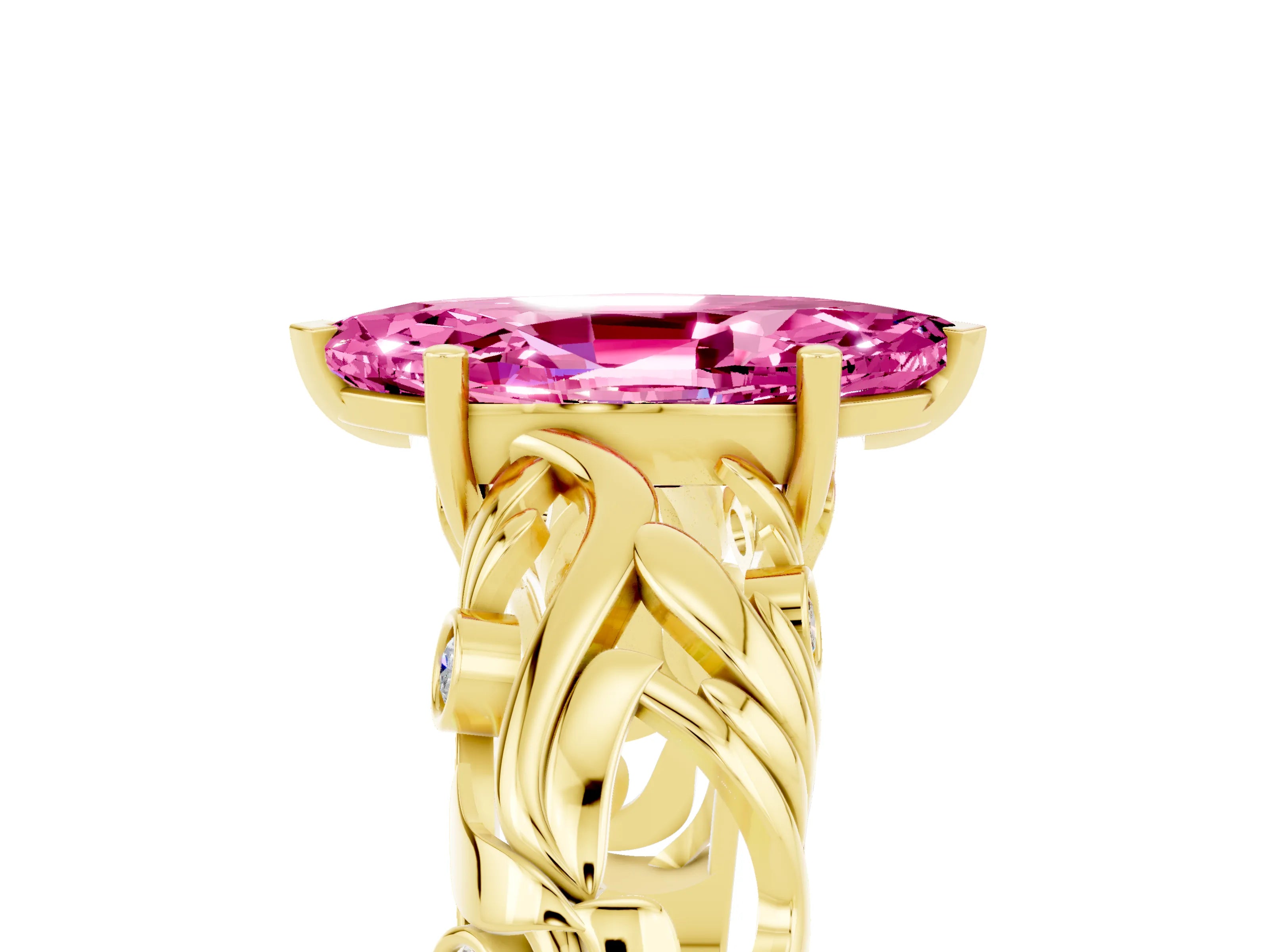 Yellow gold Marquise Cut Solitaire Pink Sapphire Leaf-Inspired Vine Band Ring with Prong Setting_29