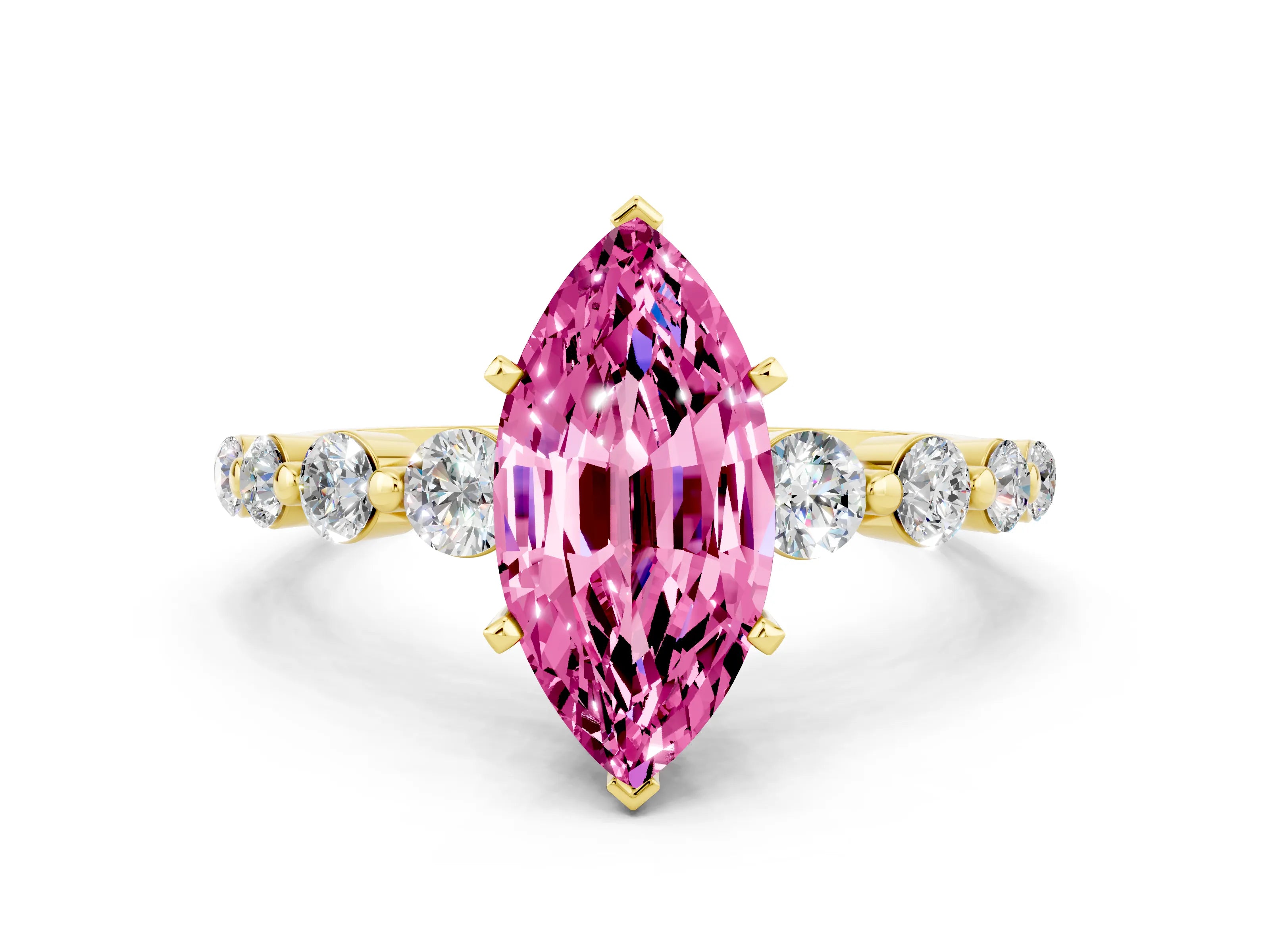 Yellow gold Marquise Cut Solitaire Pink Sapphire Ring with Pave Band and Four-Prong Setting_24