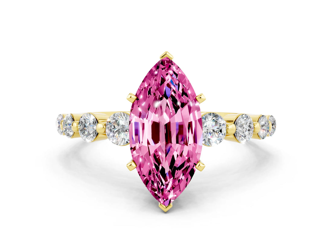 Yellow gold Marquise Cut Solitaire Pink Sapphire Ring with Pave Band and Four-Prong Setting_24