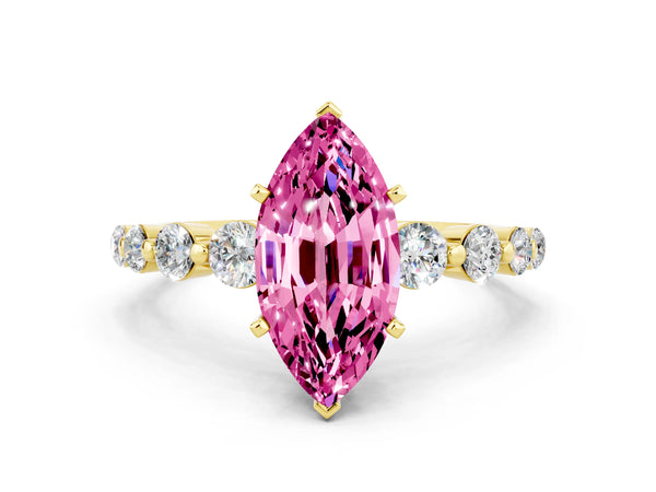 Yellow gold Marquise Cut Solitaire Pink Sapphire Ring with Pave Band and Four-Prong Setting