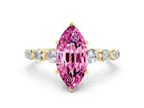 Yellow gold Marquise Cut Solitaire Pink Sapphire Ring with Pave Band and Four-Prong Setting_24