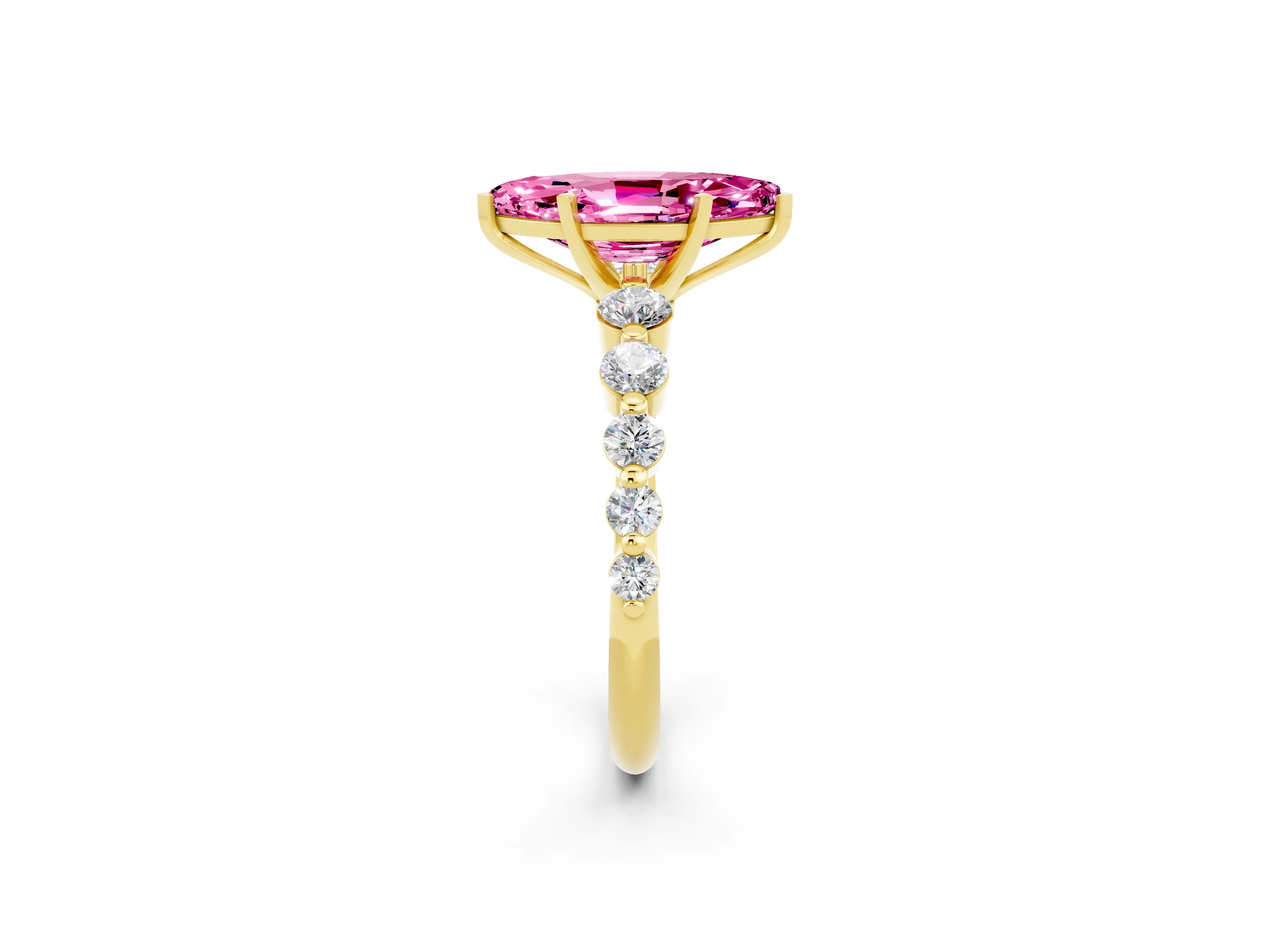 Yellow gold Marquise Cut Solitaire Pink Sapphire Ring with Pave Band and Four-Prong Setting_26