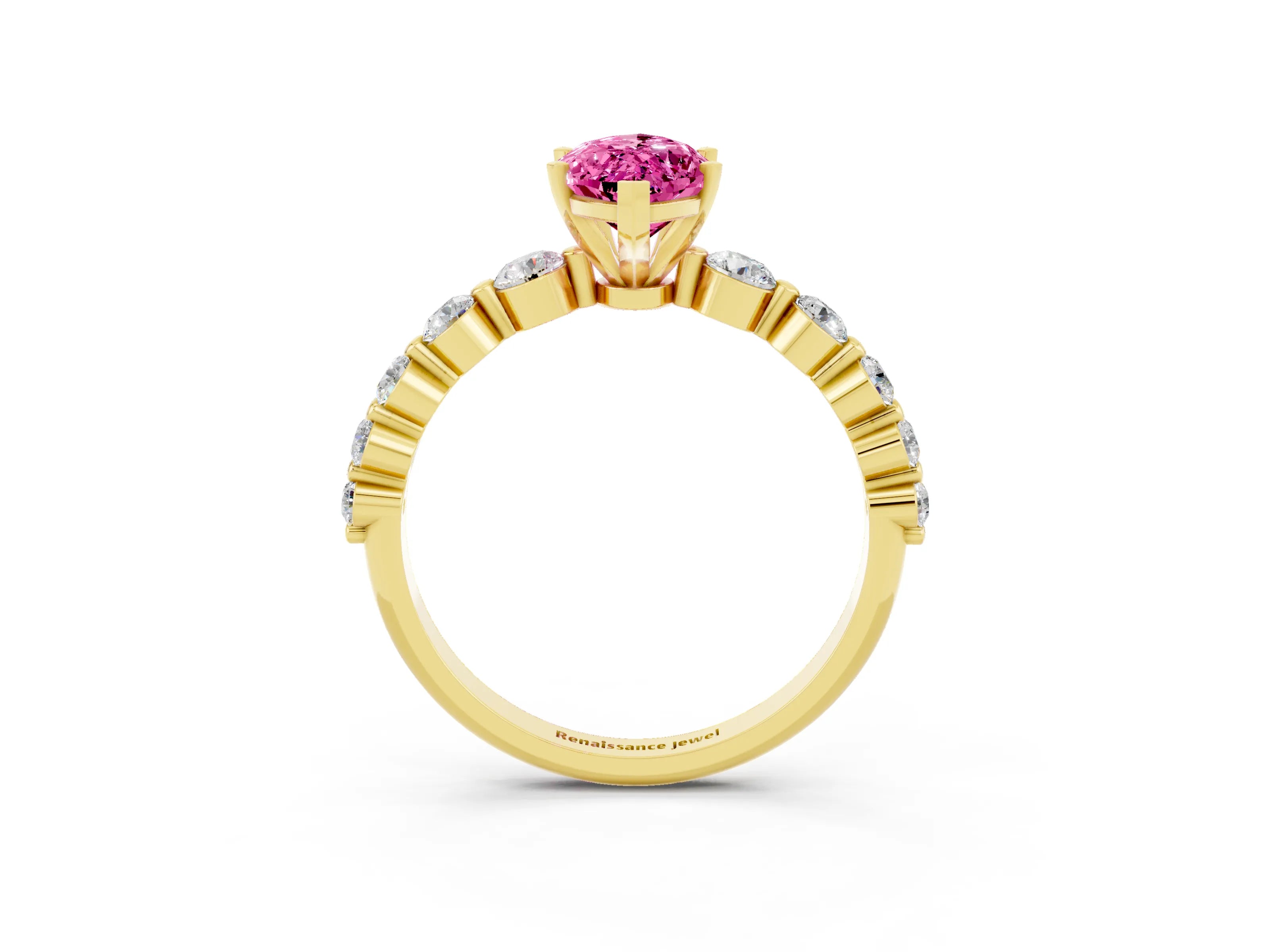 Yellow gold Marquise Cut Solitaire Pink Sapphire Ring with Pave Band and Four-Prong Setting_27