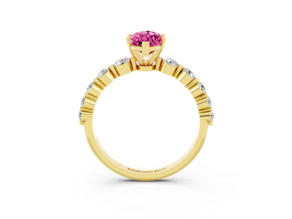 Yellow gold Marquise Cut Solitaire Pink Sapphire Ring with Pave Band and Four-Prong Setting