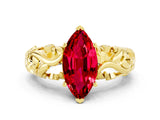 Yellow gold Marquise Cut Solitaire Ruby Leaf-Inspired Vine Band Ring with Prong Setting