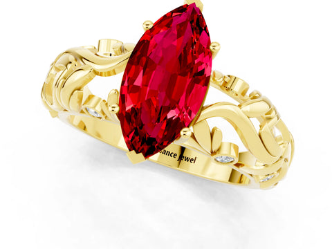 Yellow gold Marquise Cut Solitaire Ruby Leaf-Inspired Vine Band Ring with Prong Setting_1