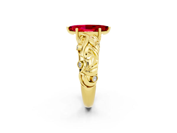 Yellow gold Marquise Cut Solitaire Ruby Leaf-Inspired Vine Band Ring with Prong Setting