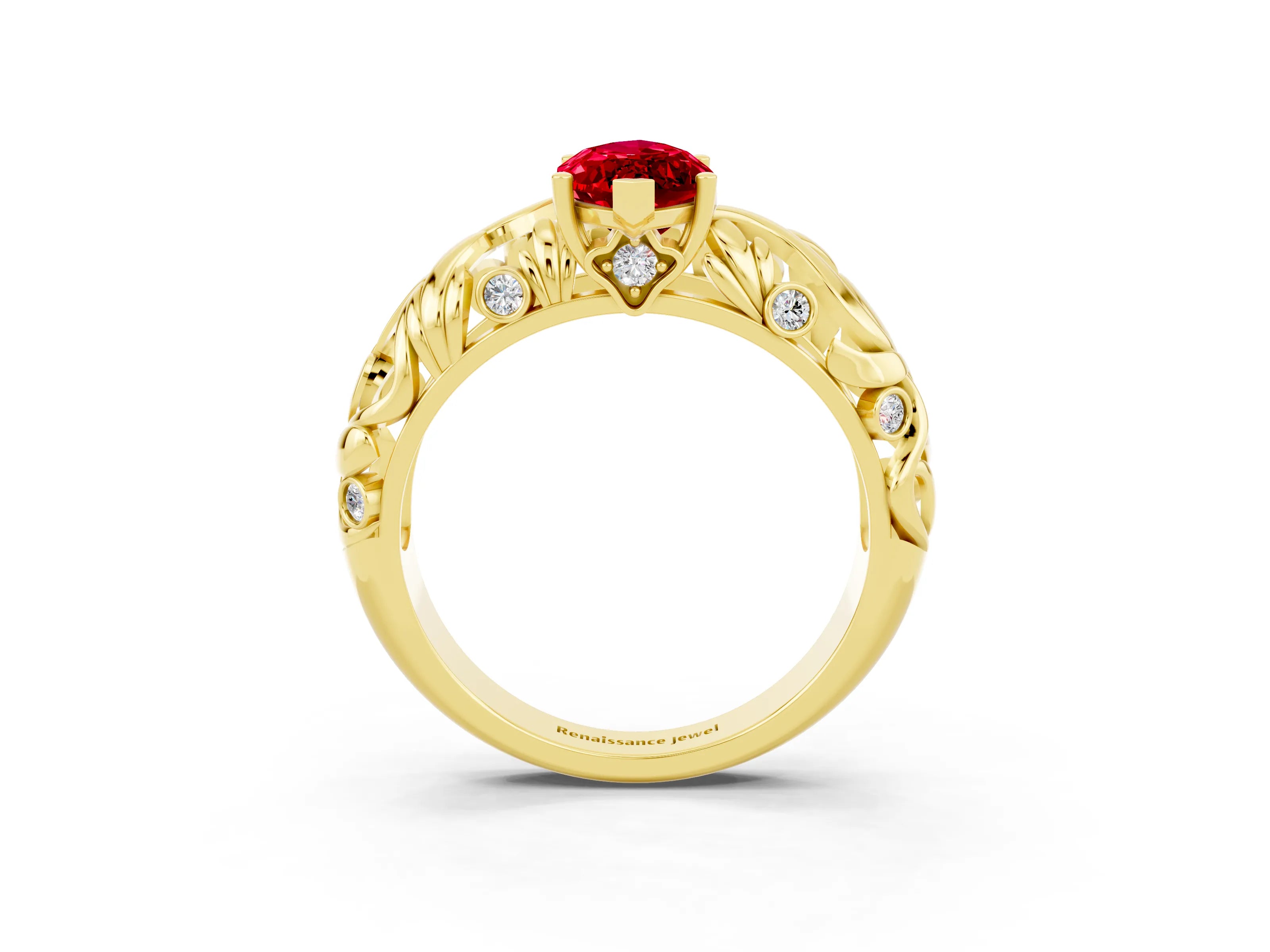 Yellow gold Marquise Cut Solitaire Ruby Leaf-Inspired Vine Band Ring with Prong Setting_3