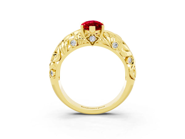 Yellow gold Marquise Cut Solitaire Ruby Leaf-Inspired Vine Band Ring with Prong Setting