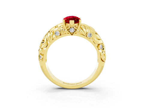 Yellow gold Marquise Cut Solitaire Ruby Leaf-Inspired Vine Band Ring with Prong Setting_3