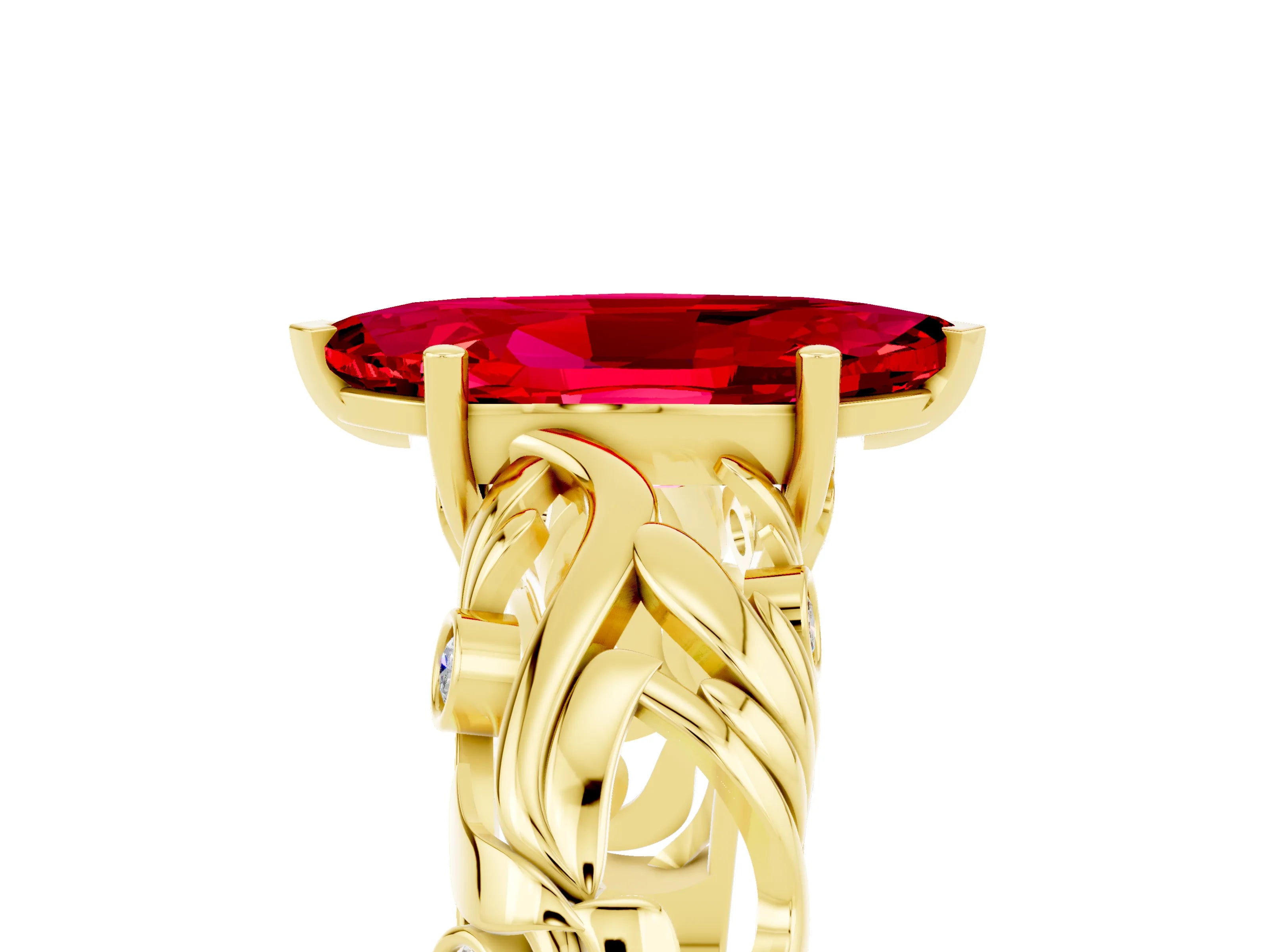 Yellow gold Marquise Cut Solitaire Ruby Leaf-Inspired Vine Band Ring with Prong Setting_5