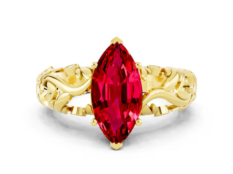 Yellow gold Marquise Cut Solitaire Ruby Leaf-Inspired Vine Band Ring with Prong Setting
