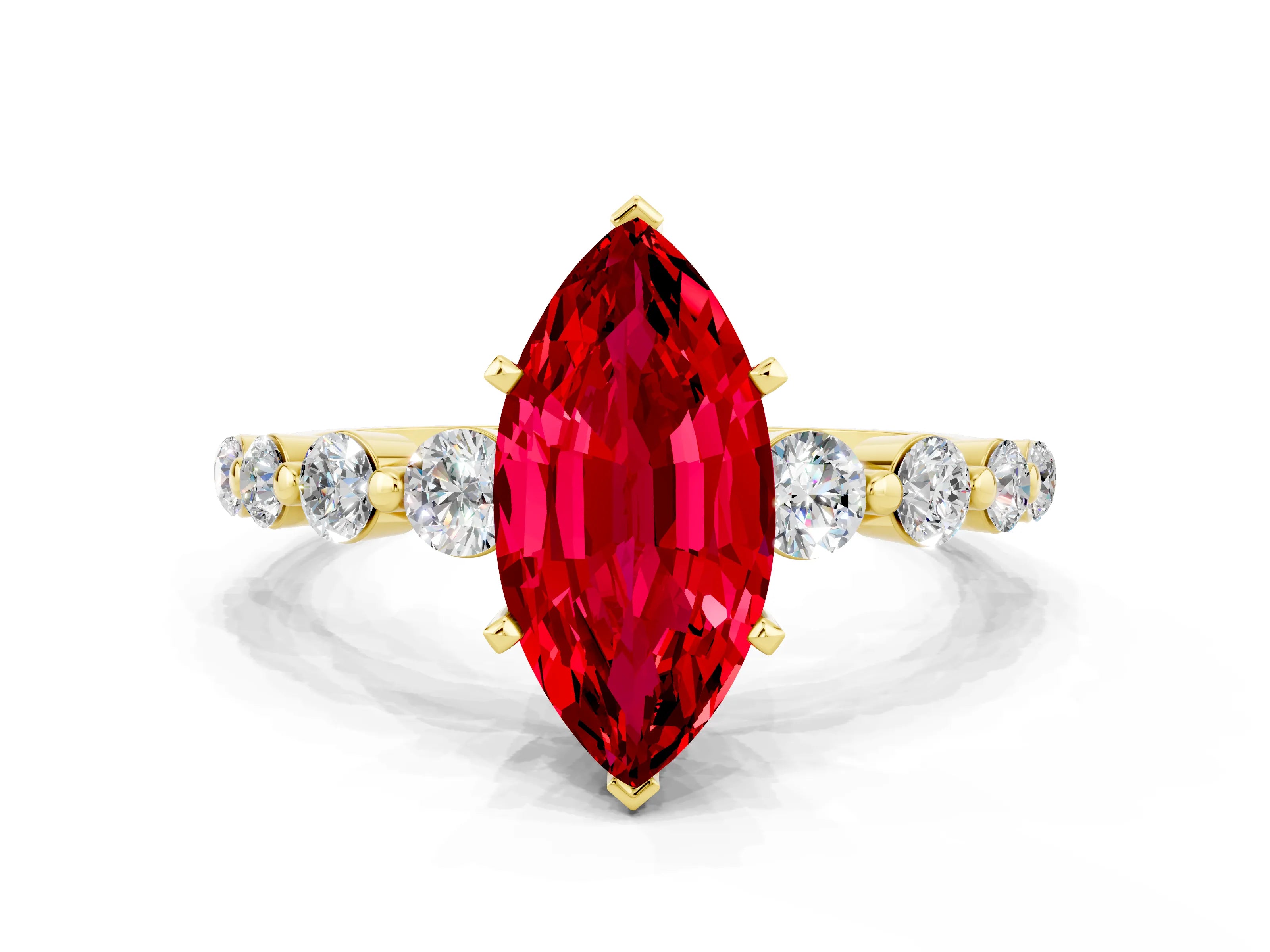 Yellow gold Marquise Cut Solitaire Ruby Ring with Pave Band and Four-Prong Setting