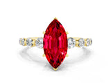 Yellow gold Marquise Cut Solitaire Ruby Ring with Pave Band and Four-Prong Setting