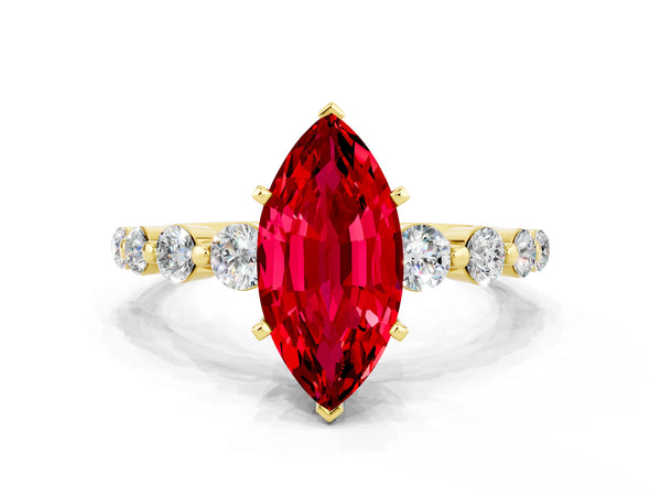 Yellow gold Marquise Cut Solitaire Ruby Ring with Pave Band and Four-Prong Setting