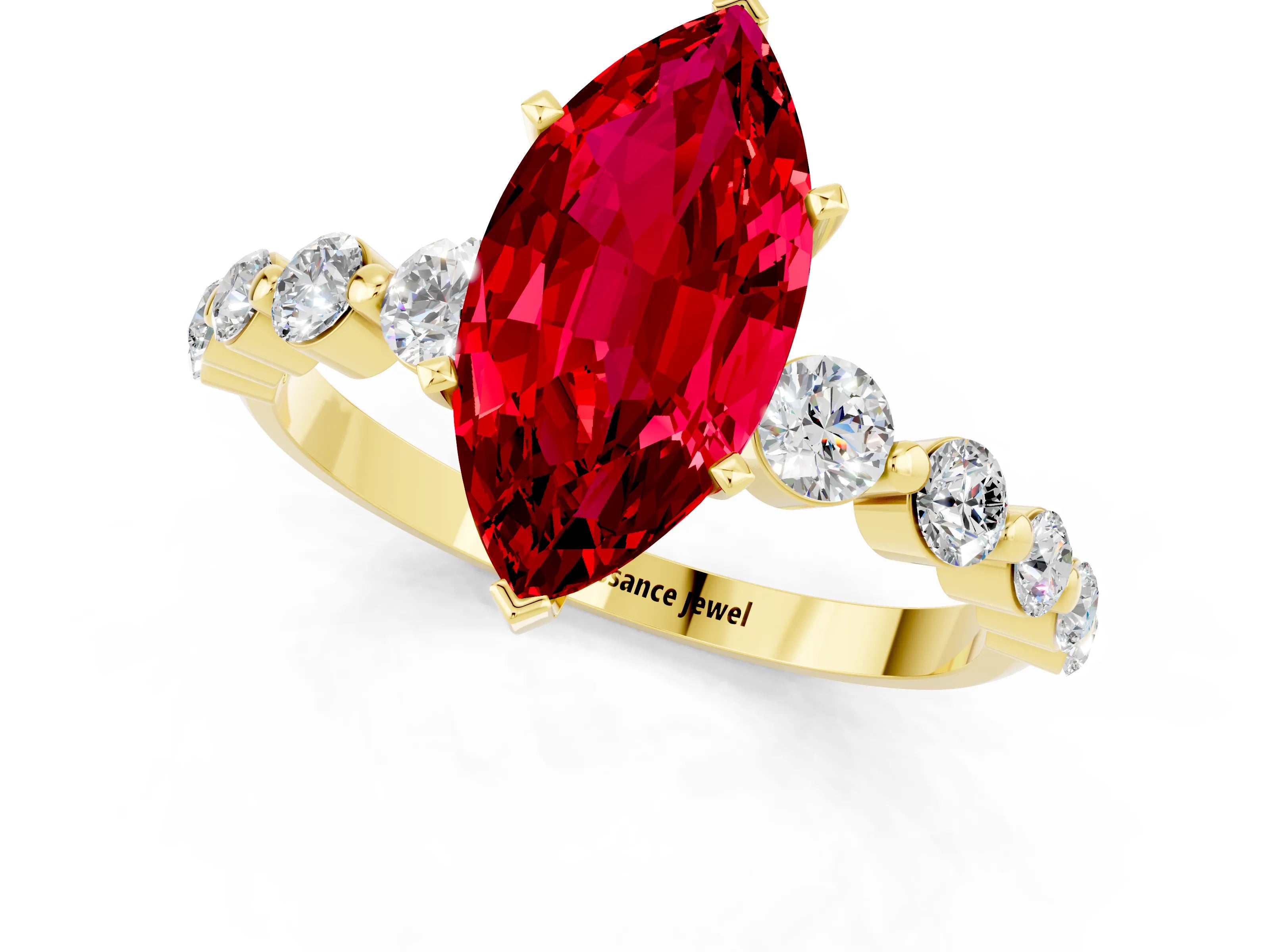 Yellow gold Marquise Cut Solitaire Ruby Ring with Pave Band and Four-Prong Setting_1