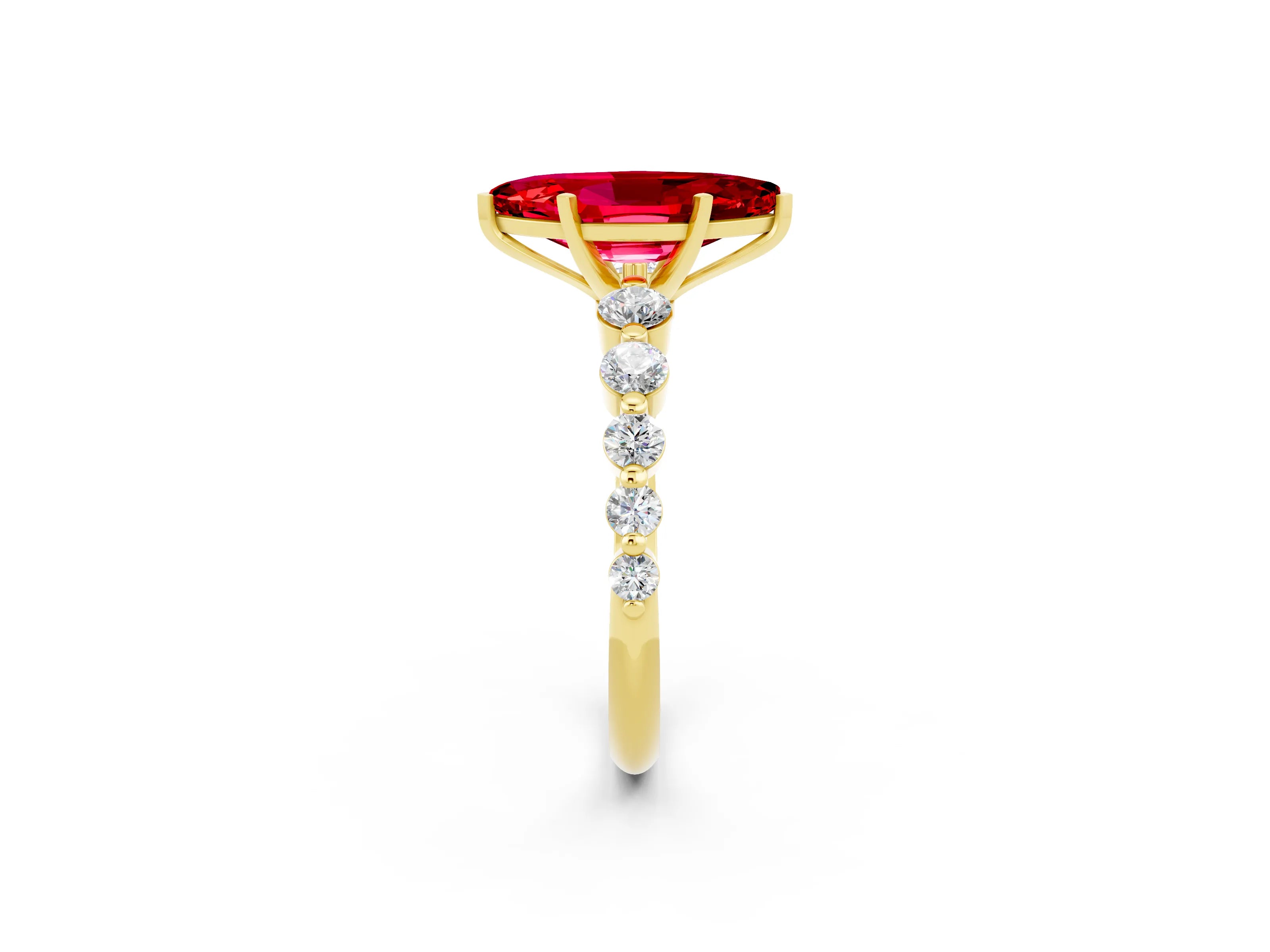 Yellow gold Marquise Cut Solitaire Ruby Ring with Pave Band and Four-Prong Setting_2