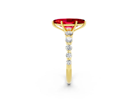 Yellow gold Marquise Cut Solitaire Ruby Ring with Pave Band and Four-Prong Setting_2