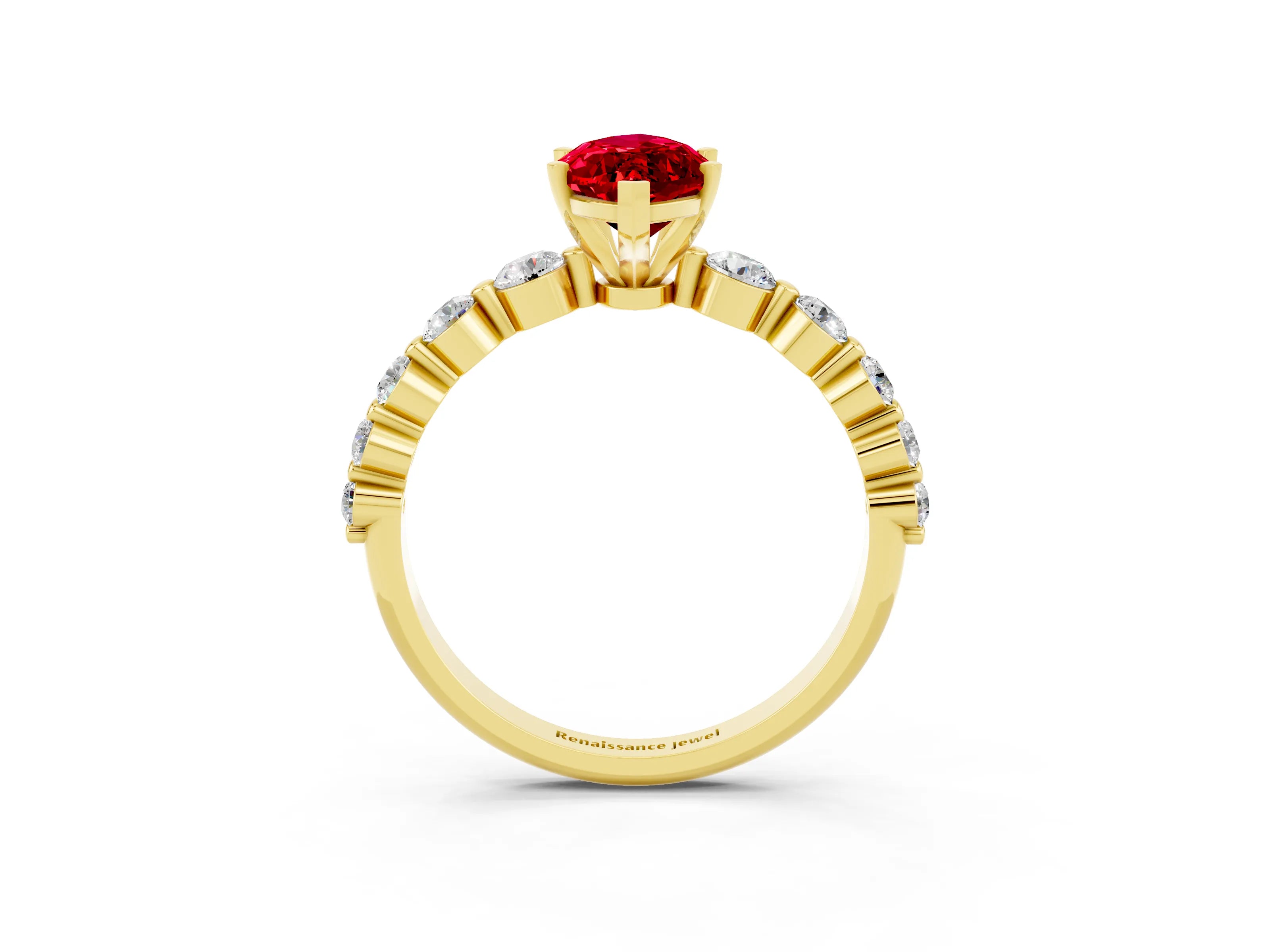 Yellow gold Marquise Cut Solitaire Ruby Ring with Pave Band and Four-Prong Setting_3