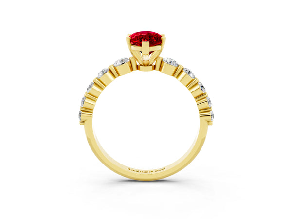 Yellow gold Marquise Cut Solitaire Ruby Ring with Pave Band and Four-Prong Setting