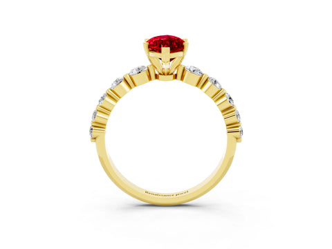 Yellow gold Marquise Cut Solitaire Ruby Ring with Pave Band and Four-Prong Setting_3