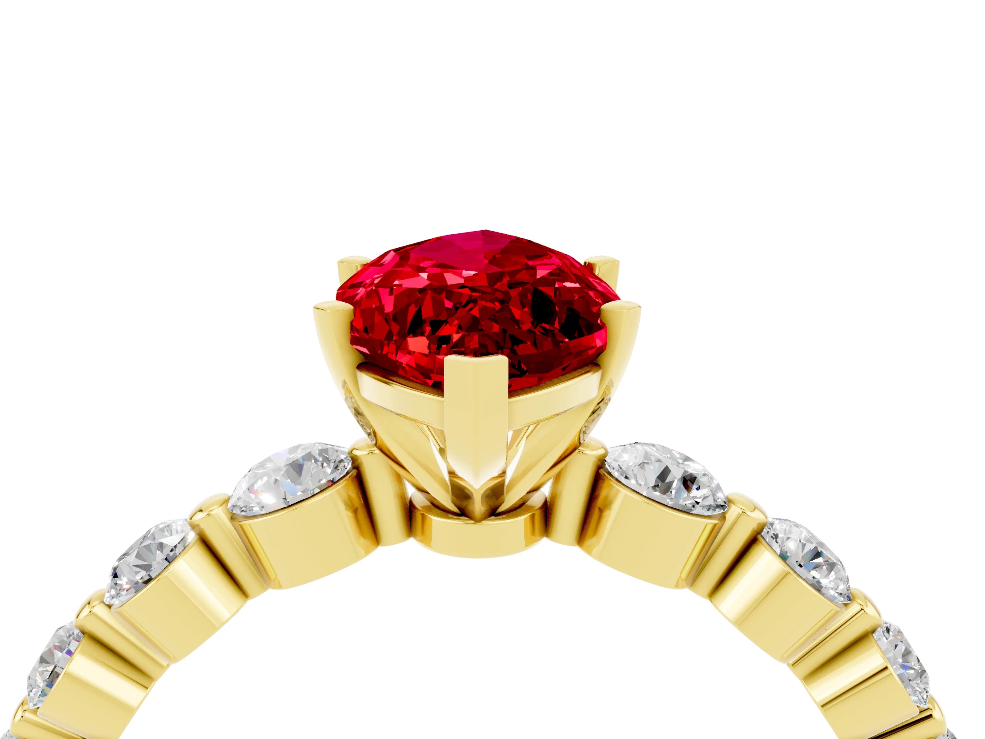 Yellow gold Marquise Cut Solitaire Ruby Ring with Pave Band and Four-Prong Setting_4