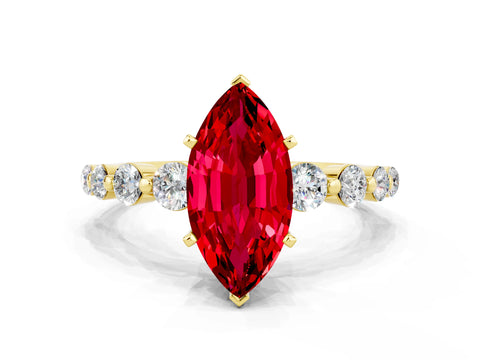 Yellow gold Marquise Cut Solitaire Ruby Ring with Pave Band and Four-Prong Setting