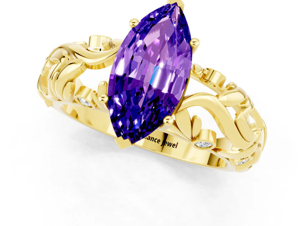 Yellow gold Marquise Cut Solitaire Tanzanite Leaf-Inspired Vine Band Ring with Prong Setting