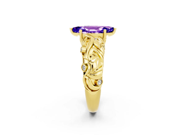 Yellow gold Marquise Cut Solitaire Tanzanite Leaf-Inspired Vine Band Ring with Prong Setting