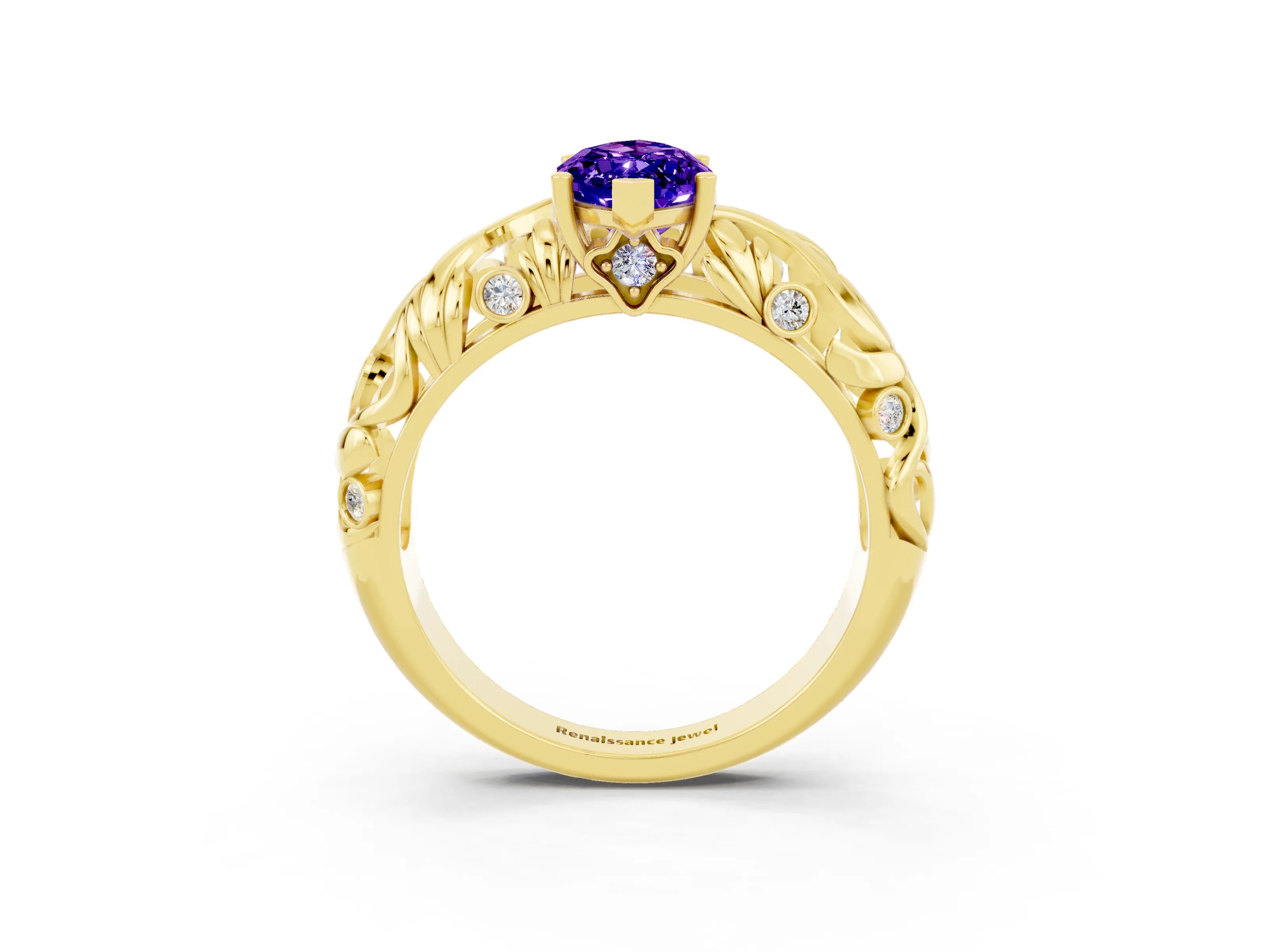 Yellow gold Marquise Cut Solitaire Tanzanite Leaf-Inspired Vine Band Ring with Prong Setting_3