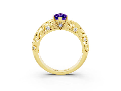 Yellow gold Marquise Cut Solitaire Tanzanite Leaf-Inspired Vine Band Ring with Prong Setting_3