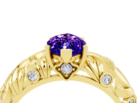 Yellow gold Marquise Cut Solitaire Tanzanite Leaf-Inspired Vine Band Ring with Prong Setting_4