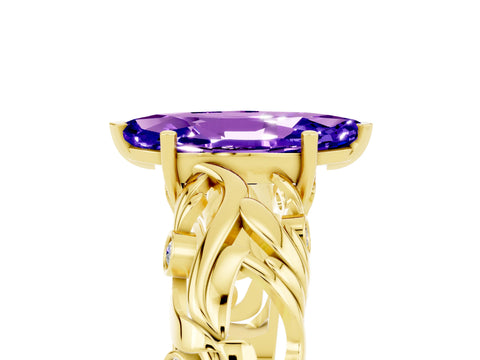 Yellow gold Marquise Cut Solitaire Tanzanite Leaf-Inspired Vine Band Ring with Prong Setting_5