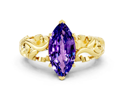 Yellow gold Marquise Cut Solitaire Tanzanite Leaf-Inspired Vine Band Ring with Prong Setting