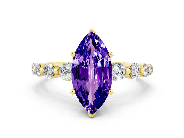 Yellow gold Marquise Cut Solitaire Tanzanite Ring with Pave Band and Four-Prong Setting