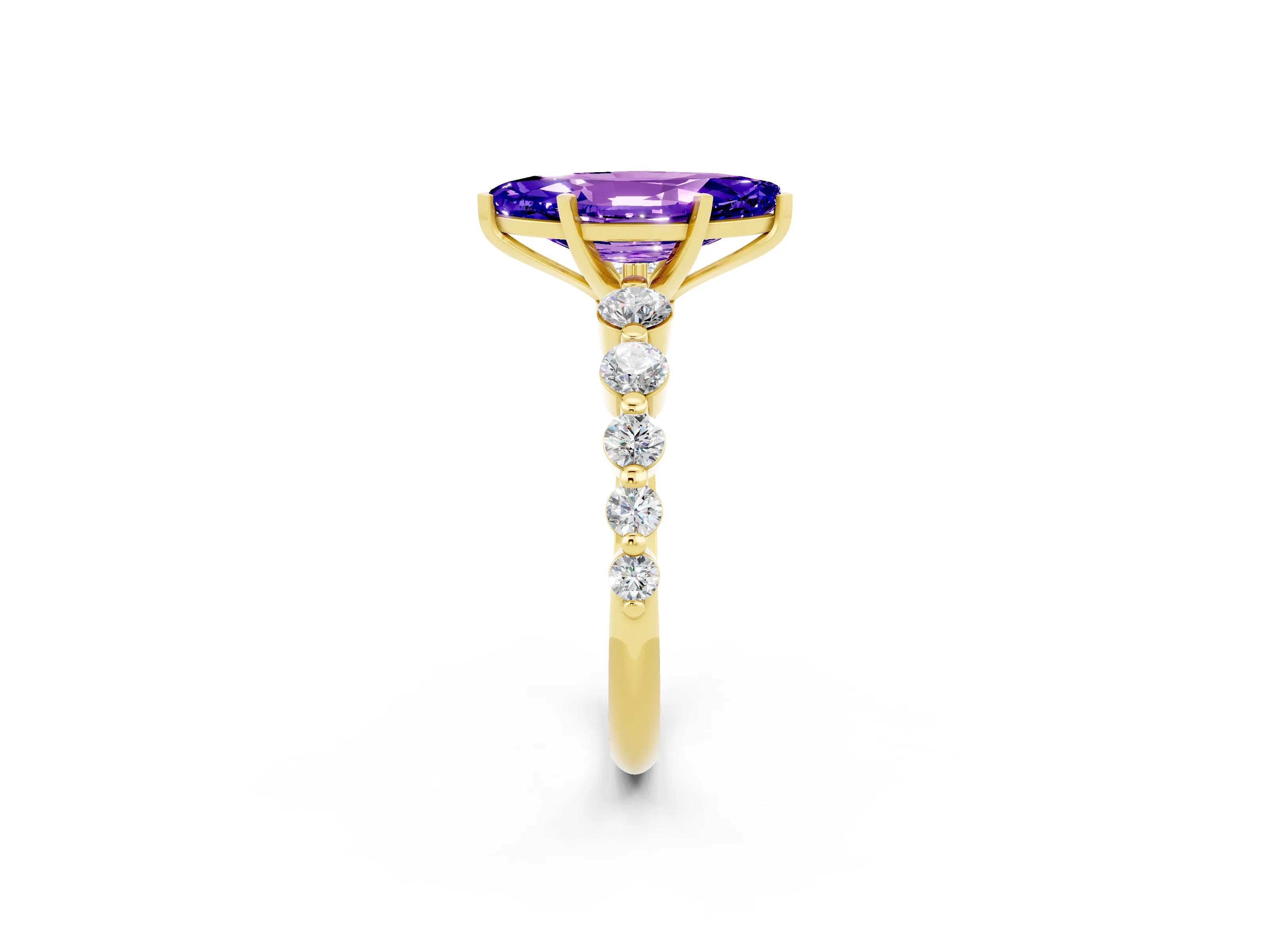 Yellow gold Marquise Cut Solitaire Tanzanite Ring with Pave Band and Four-Prong Setting_2