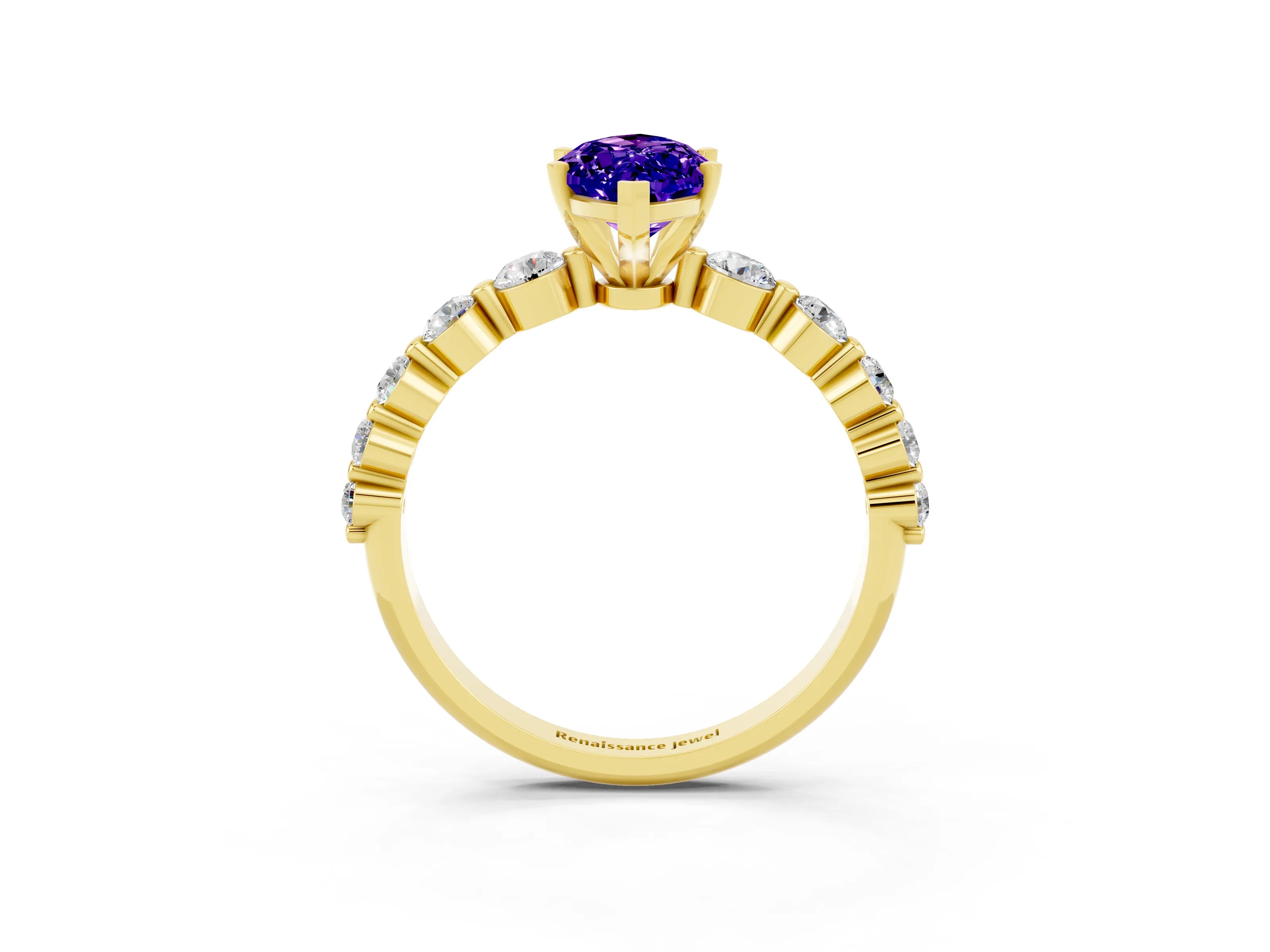 Yellow gold Marquise Cut Solitaire Tanzanite Ring with Pave Band and Four-Prong Setting_3
