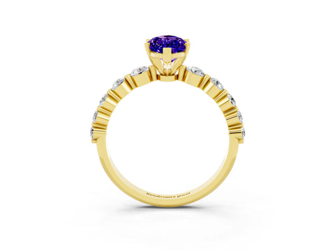 Yellow gold Marquise Cut Solitaire Tanzanite Ring with Pave Band and Four-Prong Setting_3