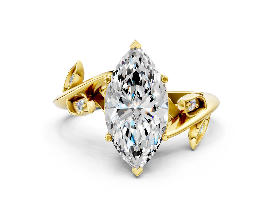 Yellow gold Marquise Cut Solitaire Twist Engagement Ring with Leaf Accents and Prong Setting_15