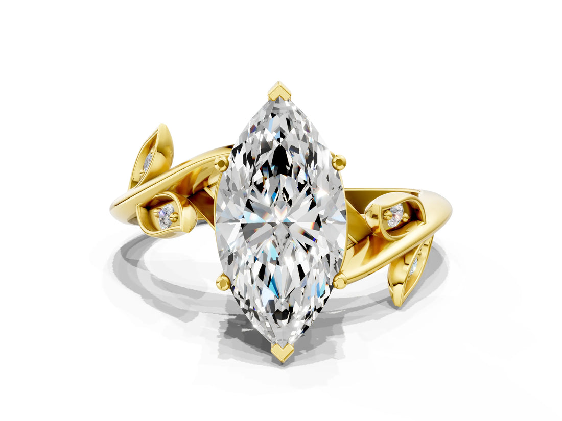 Yellow gold Marquise Cut Solitaire Twist Engagement Ring with Leaf Accents and Prong Setting_3