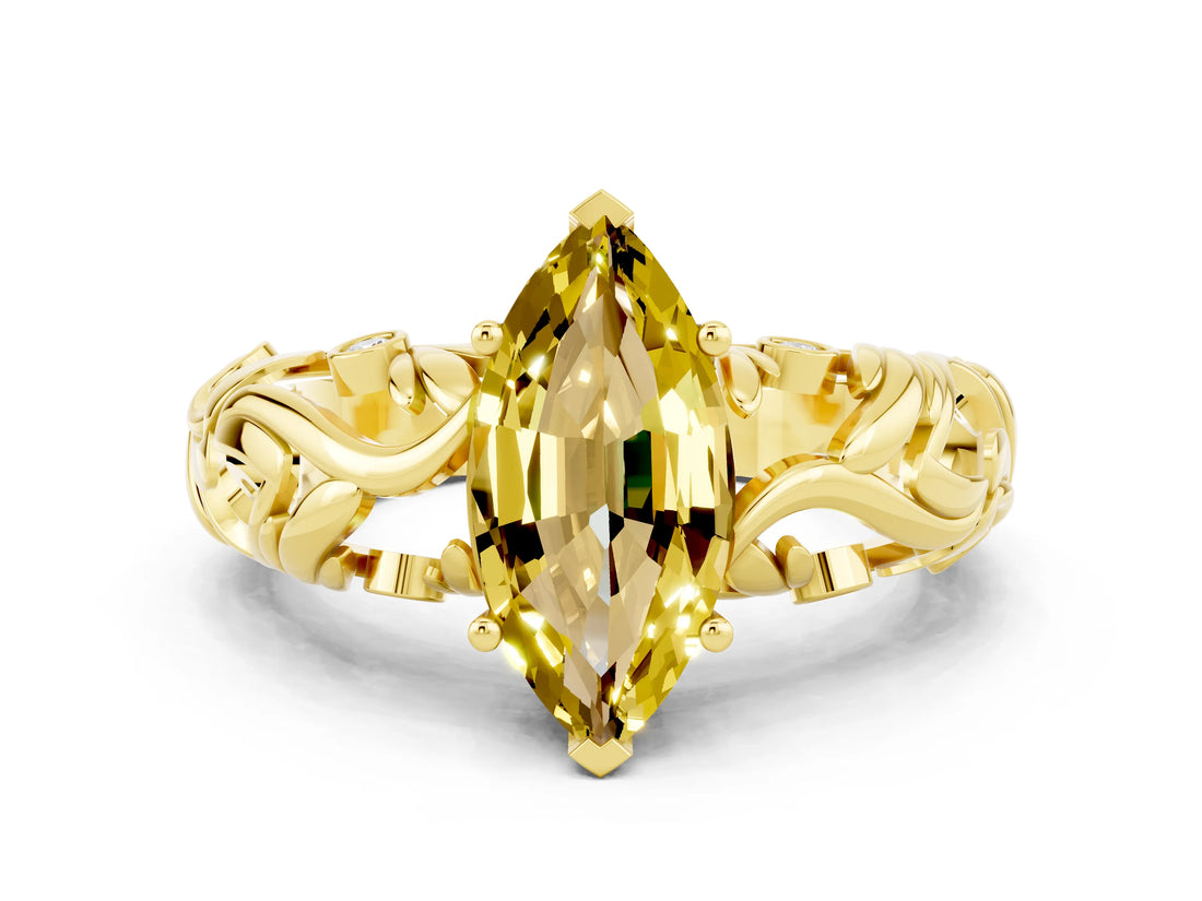Yellow gold Marquise Cut Solitaire Yellow Sapphire Leaf-Inspired Vine Band Ring with Prong Setting_24