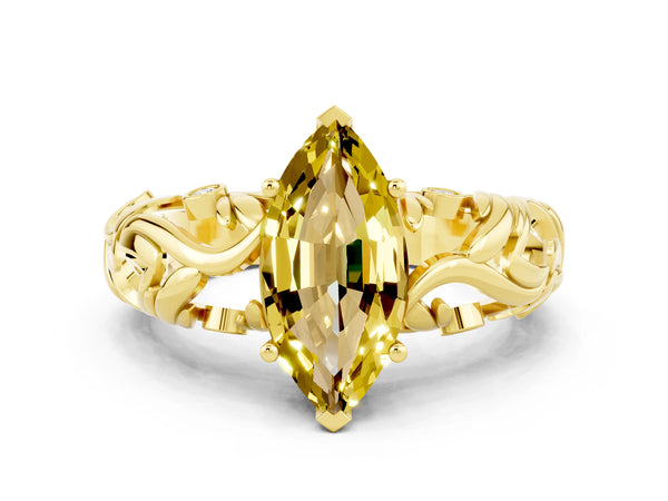 Yellow gold Marquise Cut Solitaire Yellow Sapphire Leaf-Inspired Vine Band Ring with Prong Setting