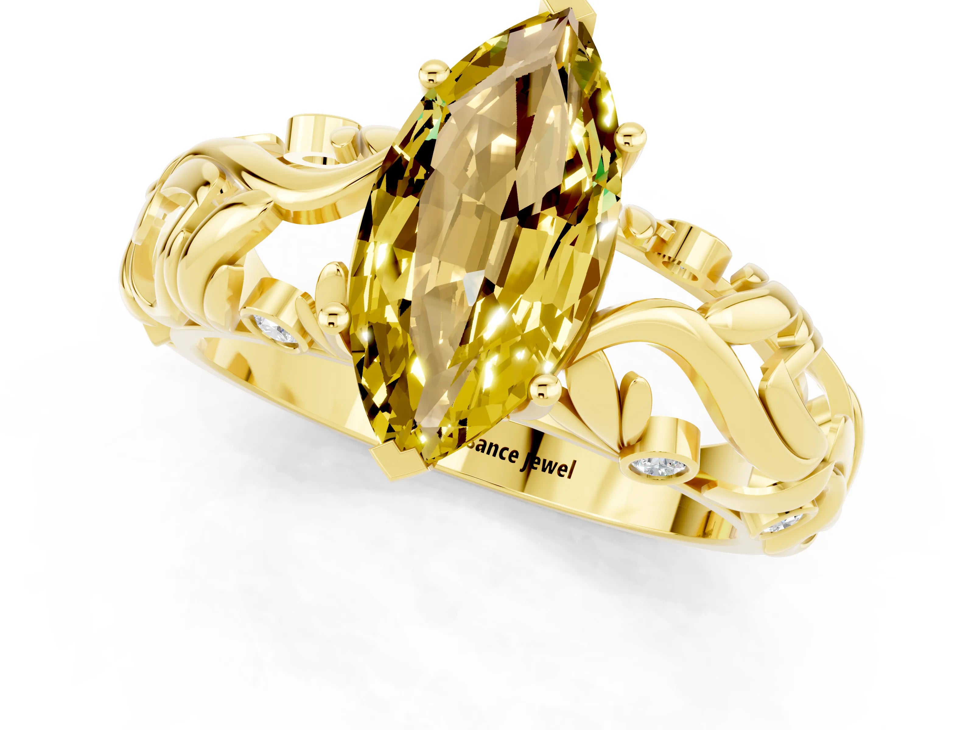 Yellow gold Marquise Cut Solitaire Yellow Sapphire Leaf-Inspired Vine Band Ring with Prong Setting_25